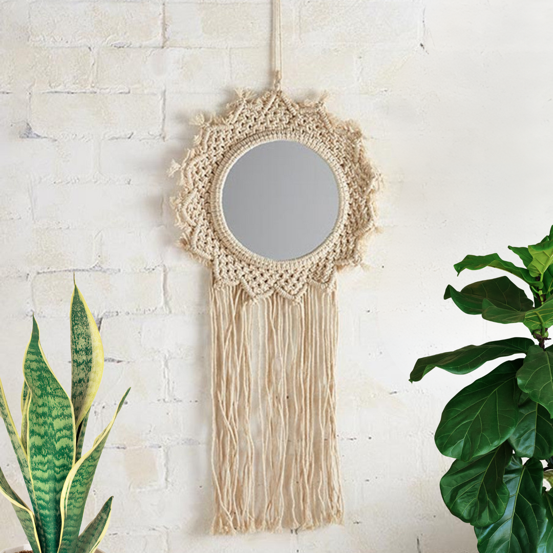 Bohemian Style Hanging Mirror | Wall Hanging Macrame Decor | 12.2" x 25.2" - Sassera
