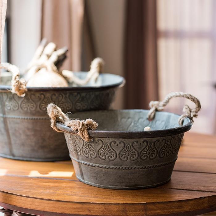 Iron Tub Antique Flower Pattern Tub with Rope Handles (Set of 3) - Sassera