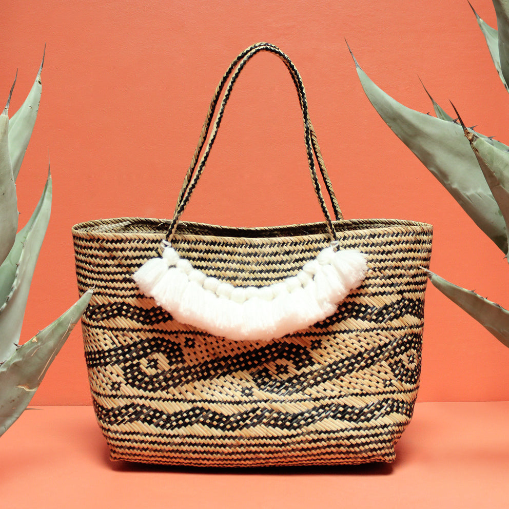 Borneo Medio Straw Tote Bag - Hand Bag with White Roman Tassels - Sassera